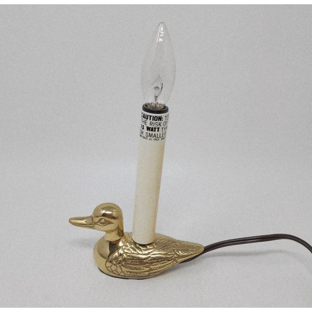Vtg MCM Brass Duck Night Light Small Electric Table Lamp Floral Red Shade 10.5